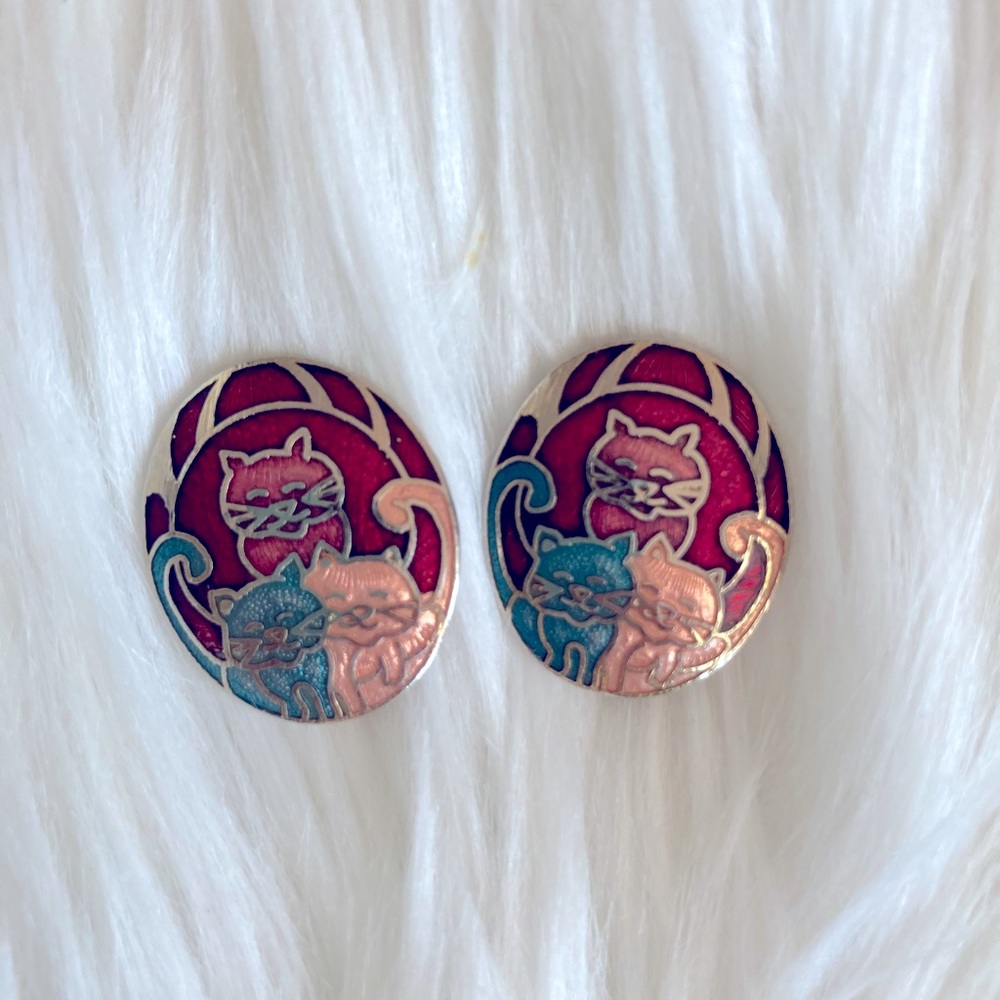 Vintage Cloisonné Cat Clip on Earrings Cat Lady Enamel Earrings